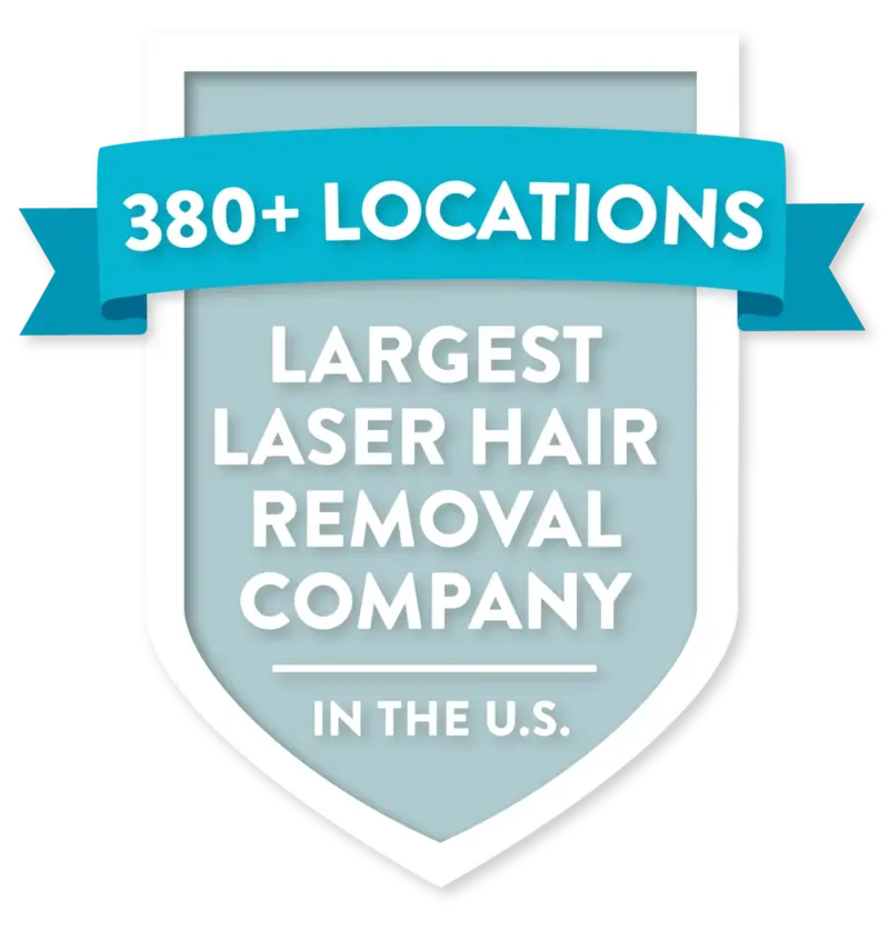 Badge for Milan showing it has 380+ locations, making it the largest laser hair removal company in the United States