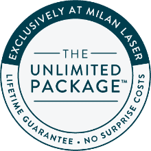 Circle badge highlighting The Unlimited Package, exclusive to Milan, which is just one reason it's grown to be the largest laser hair removal company in the nation